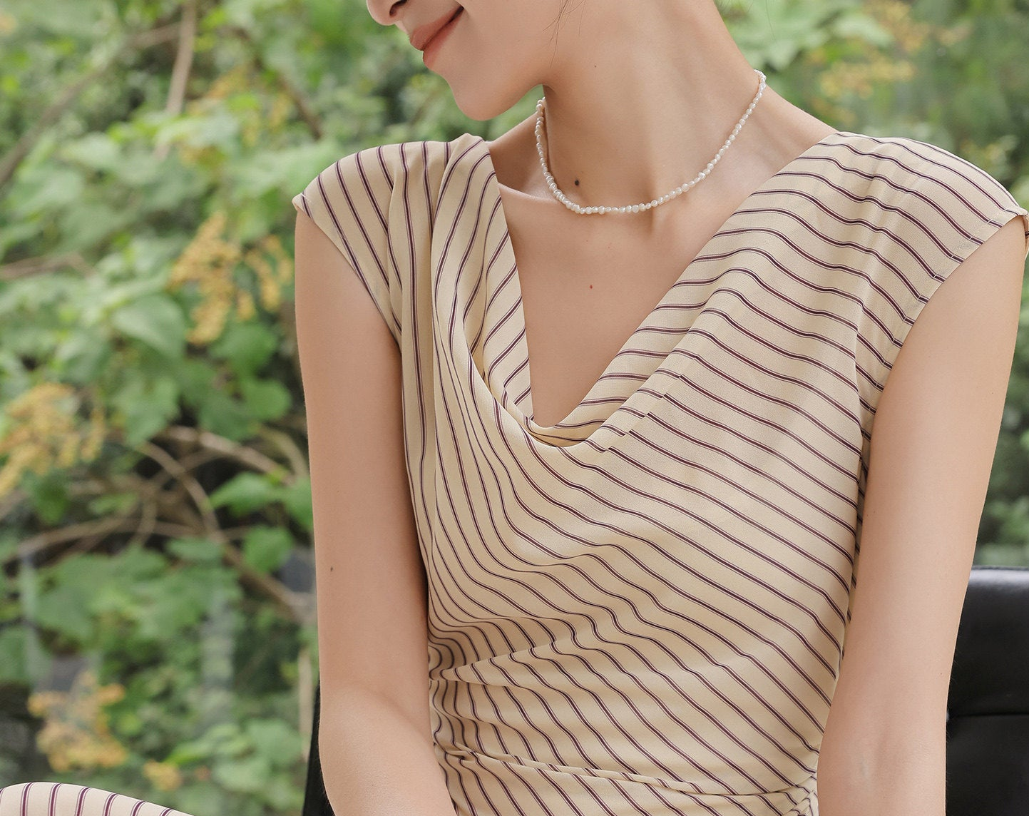 Viscose Apricot Striped Dress - Sleeveless A-Line