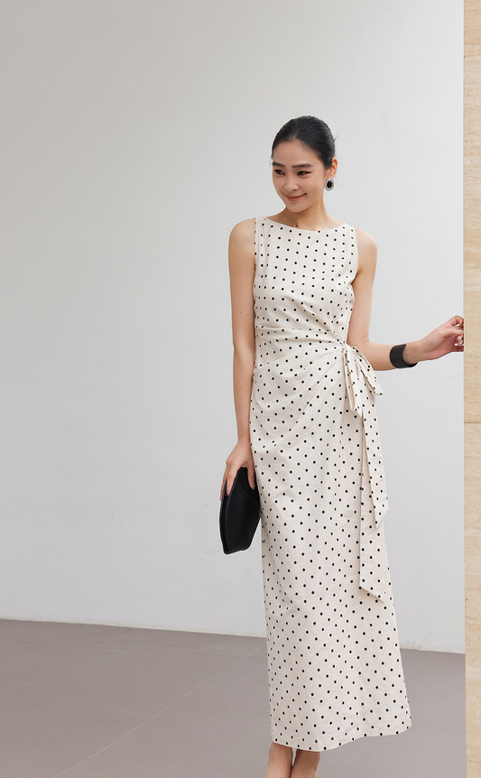 Polka Dot Dress - Minimalist Design with Tie Waist