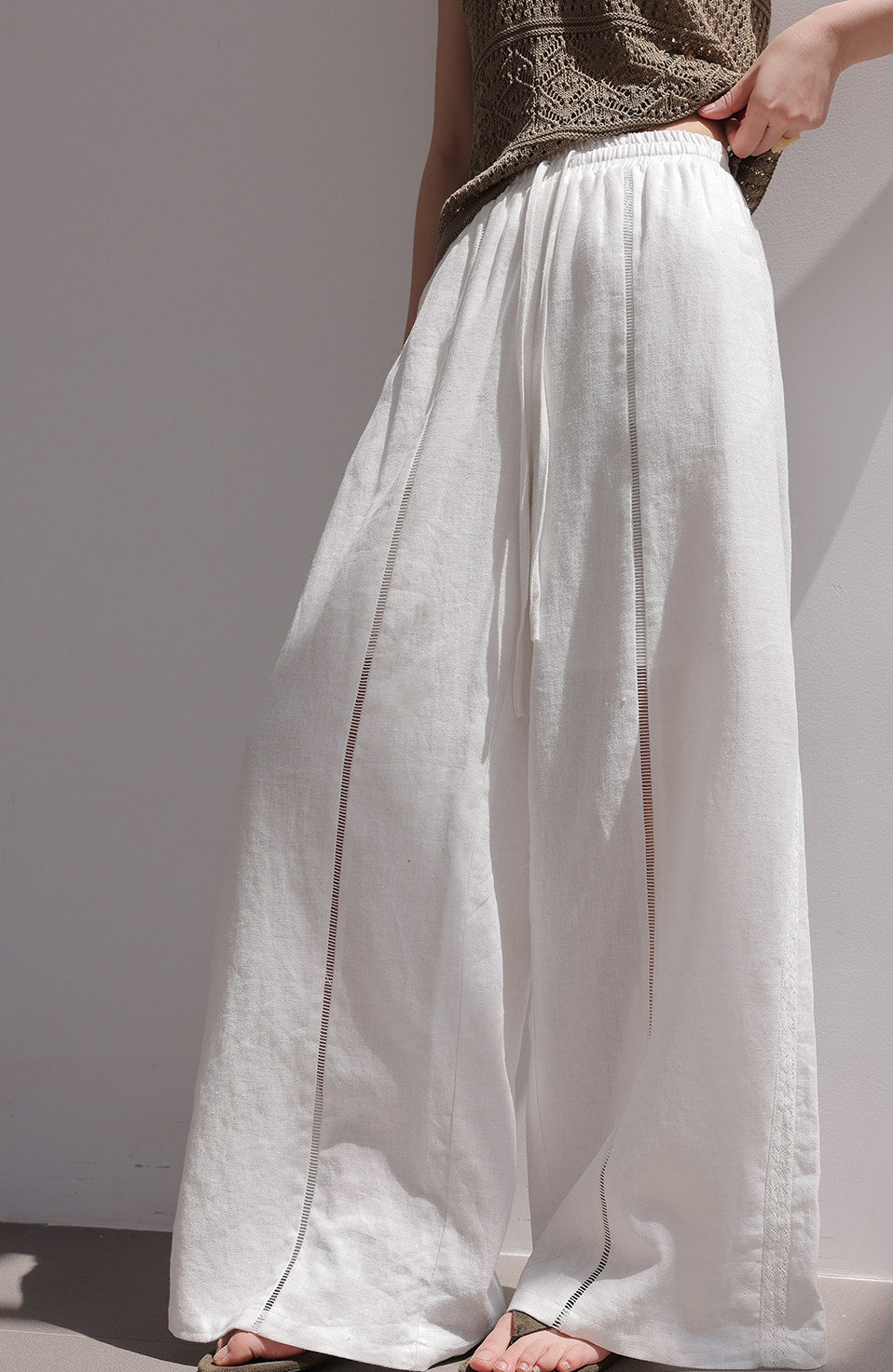 Linen Wide-Leg Pants with Lace Detail