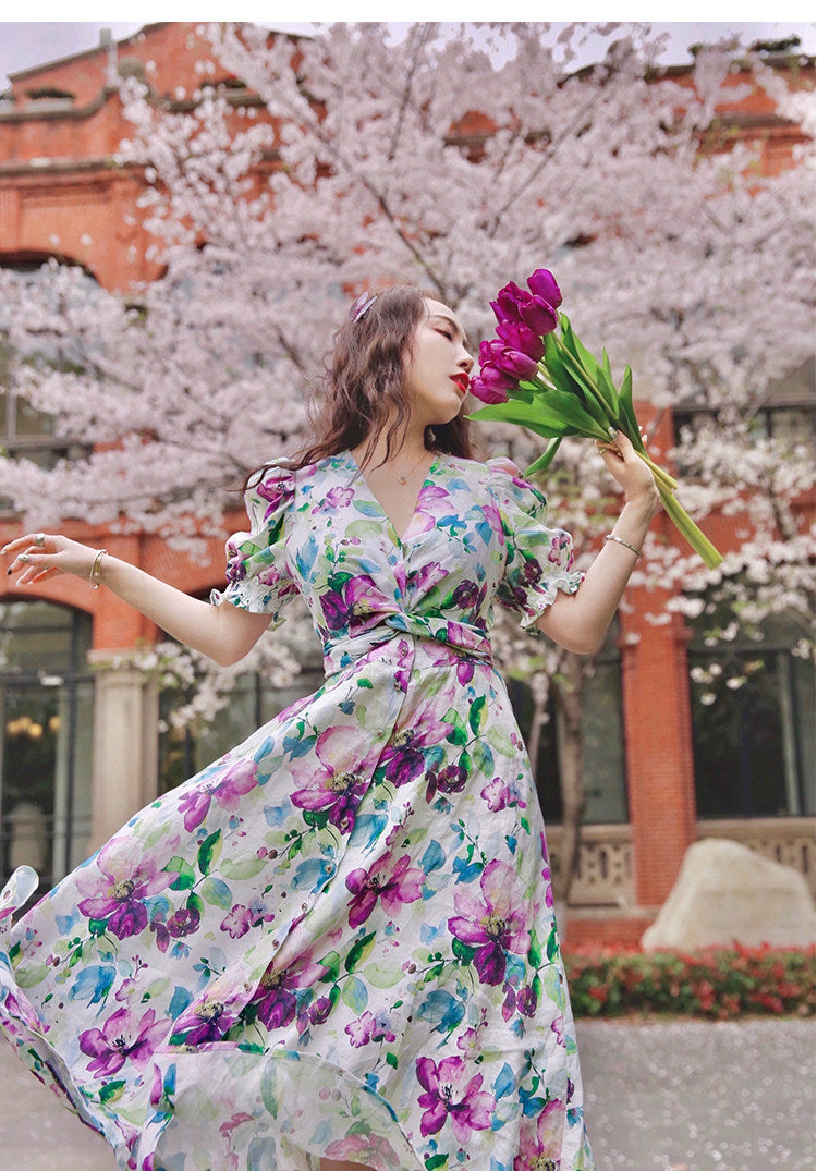 Tencel Linen Long Dress - Elegant Floral Print