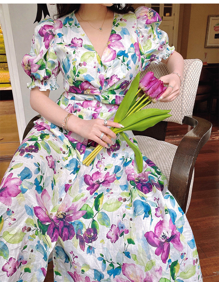 Tencel Linen Long Dress - Elegant Floral Print