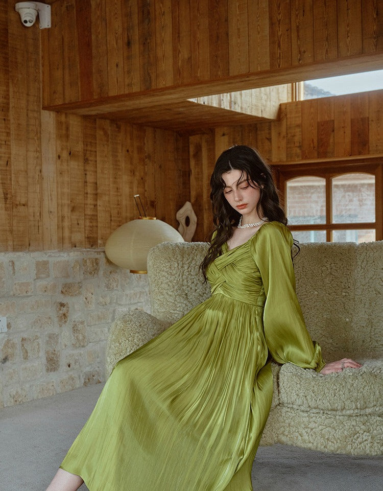 Satin Dress with Pleated Waist and Puff Sleeves