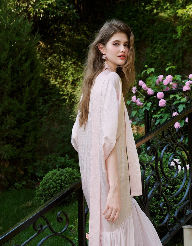 Acetate Polyester Dress - Batwing Sleeve Minimalist Style