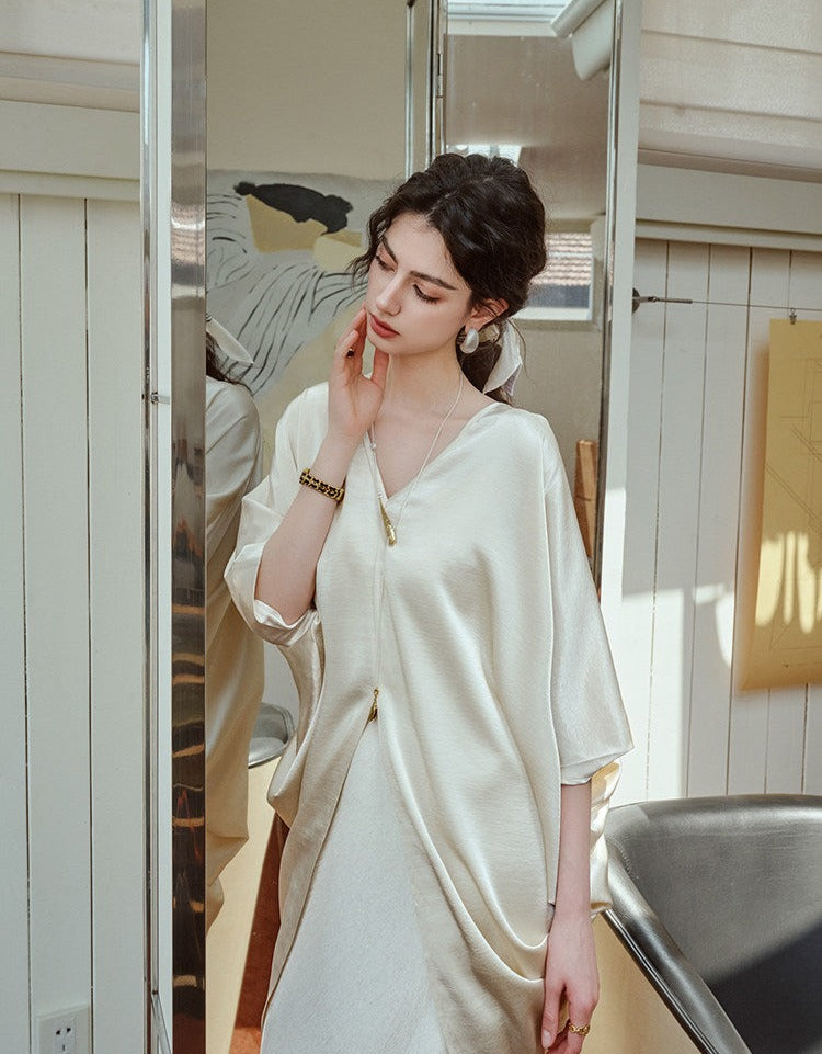 Acetate Slip Dress and Shawl Top Set - Elegant Style
