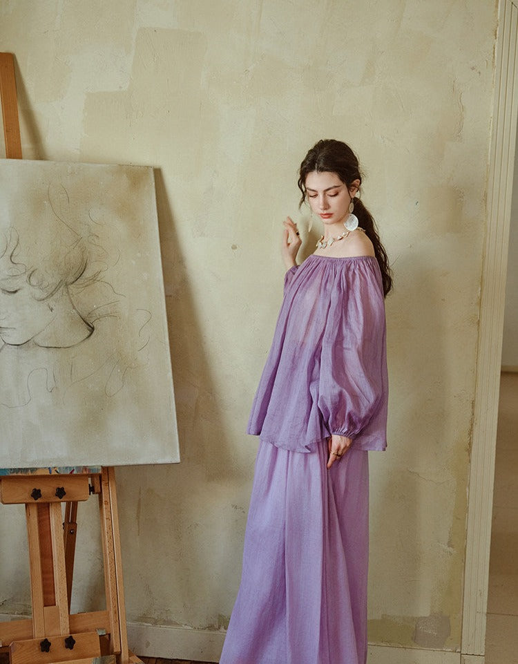 Natural Tencel Linen 2-Piece Set - One-Shoulder Top and Skirt