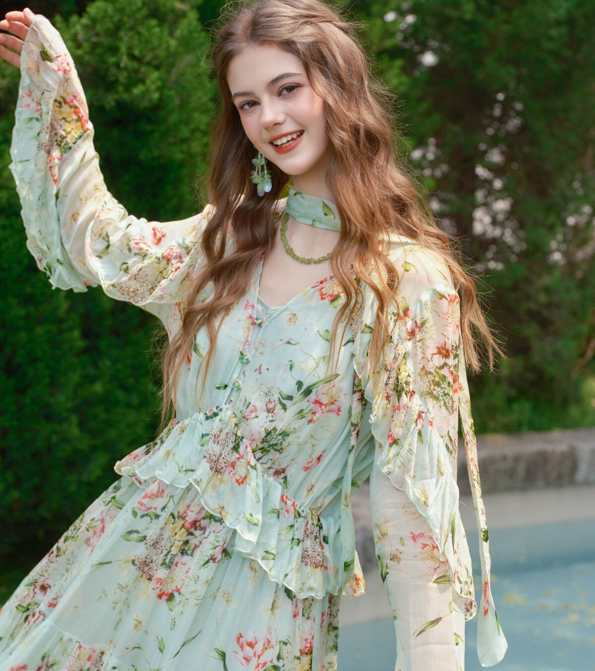 Silk Blend Dress - Mint Wave Pattern