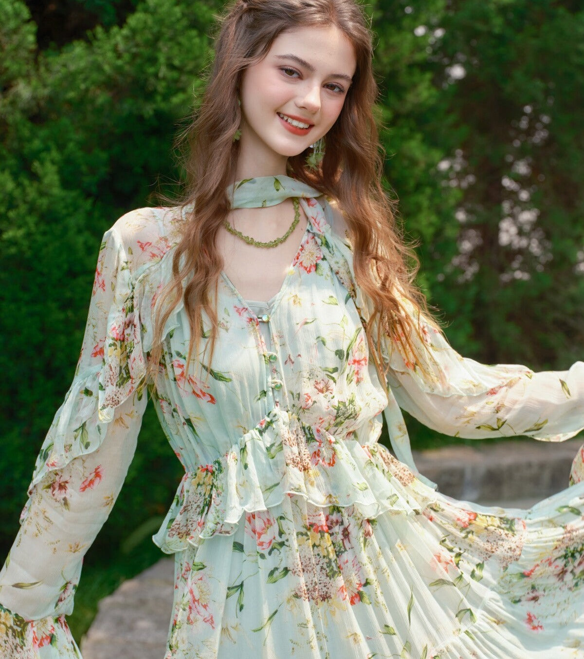 Silk Blend Dress - Mint Wave Pattern