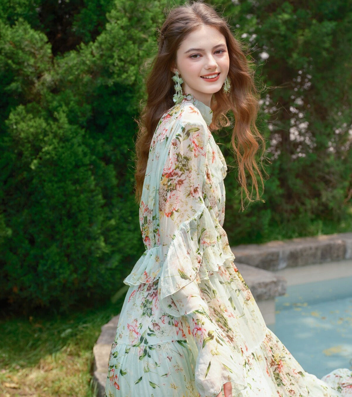 Silk Blend Dress - Mint Wave Pattern