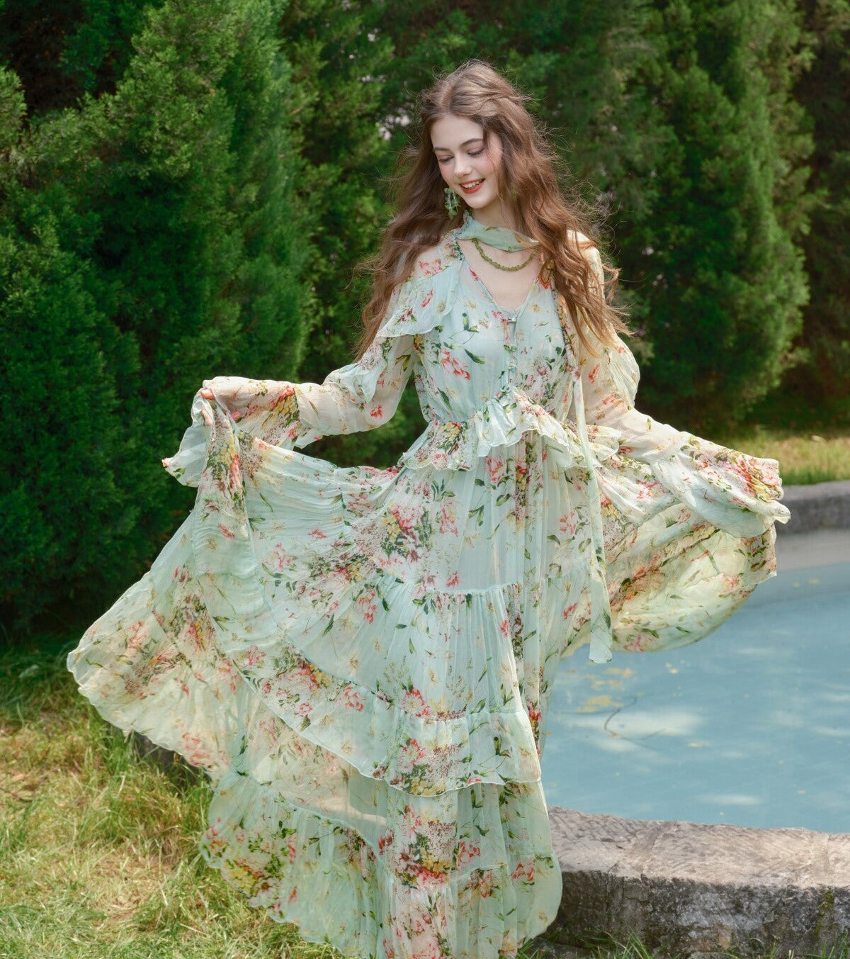 Silk Blend Dress - Mint Wave Pattern