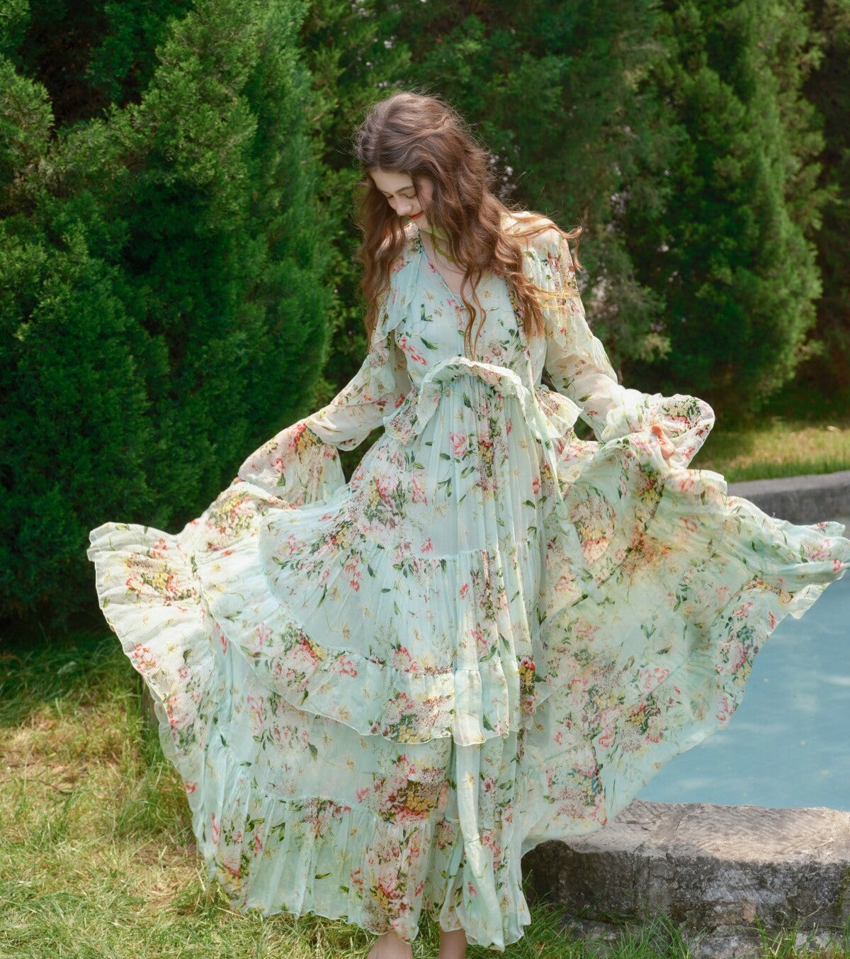 Silk Blend Dress - Mint Wave Pattern
