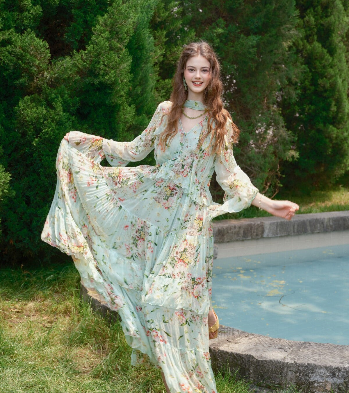 Silk Blend Dress - Mint Wave Pattern