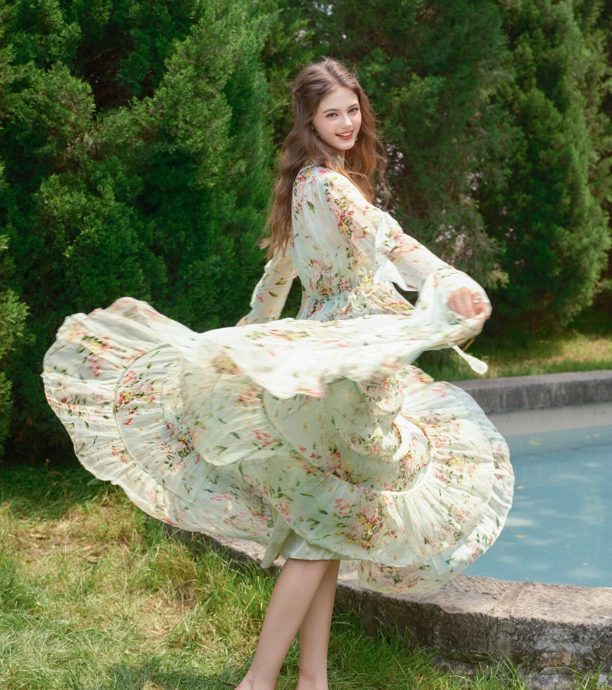 Silk Blend Dress - Mint Wave Pattern