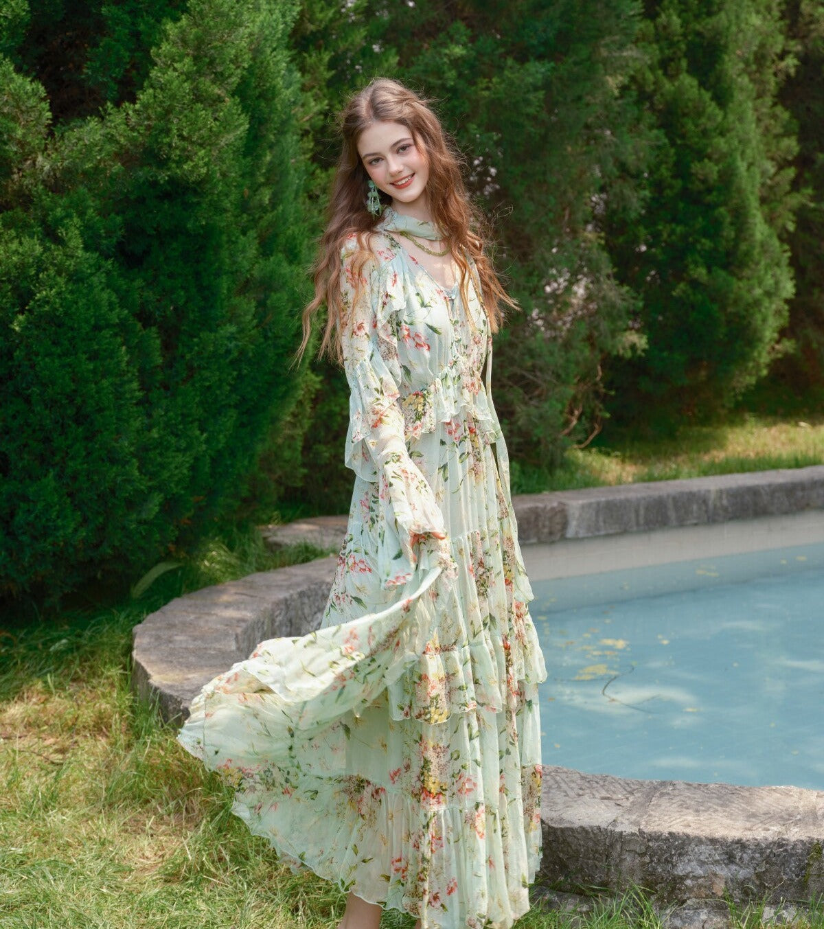 Silk Blend Dress - Mint Wave Pattern