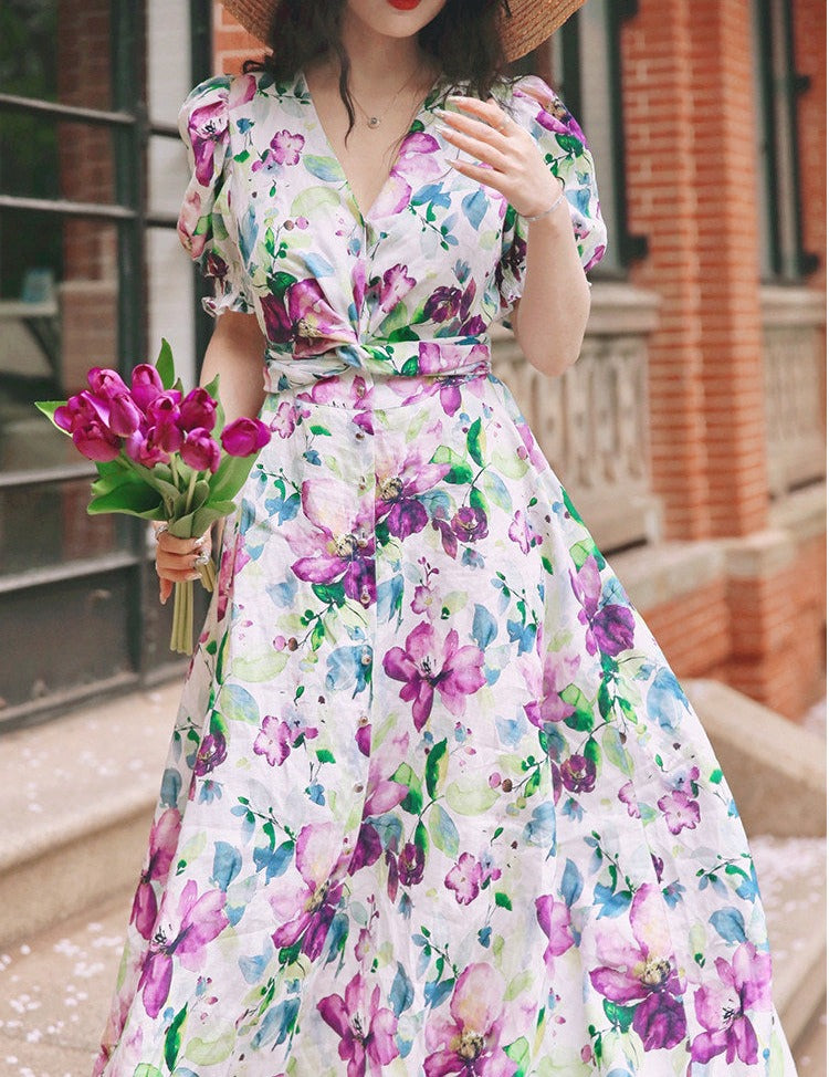 Tencel Linen Long Dress - Elegant Floral Print