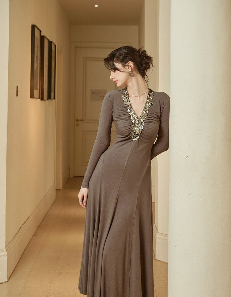 Sequin Embroidered Dress with V-Neck and Gathered Waist