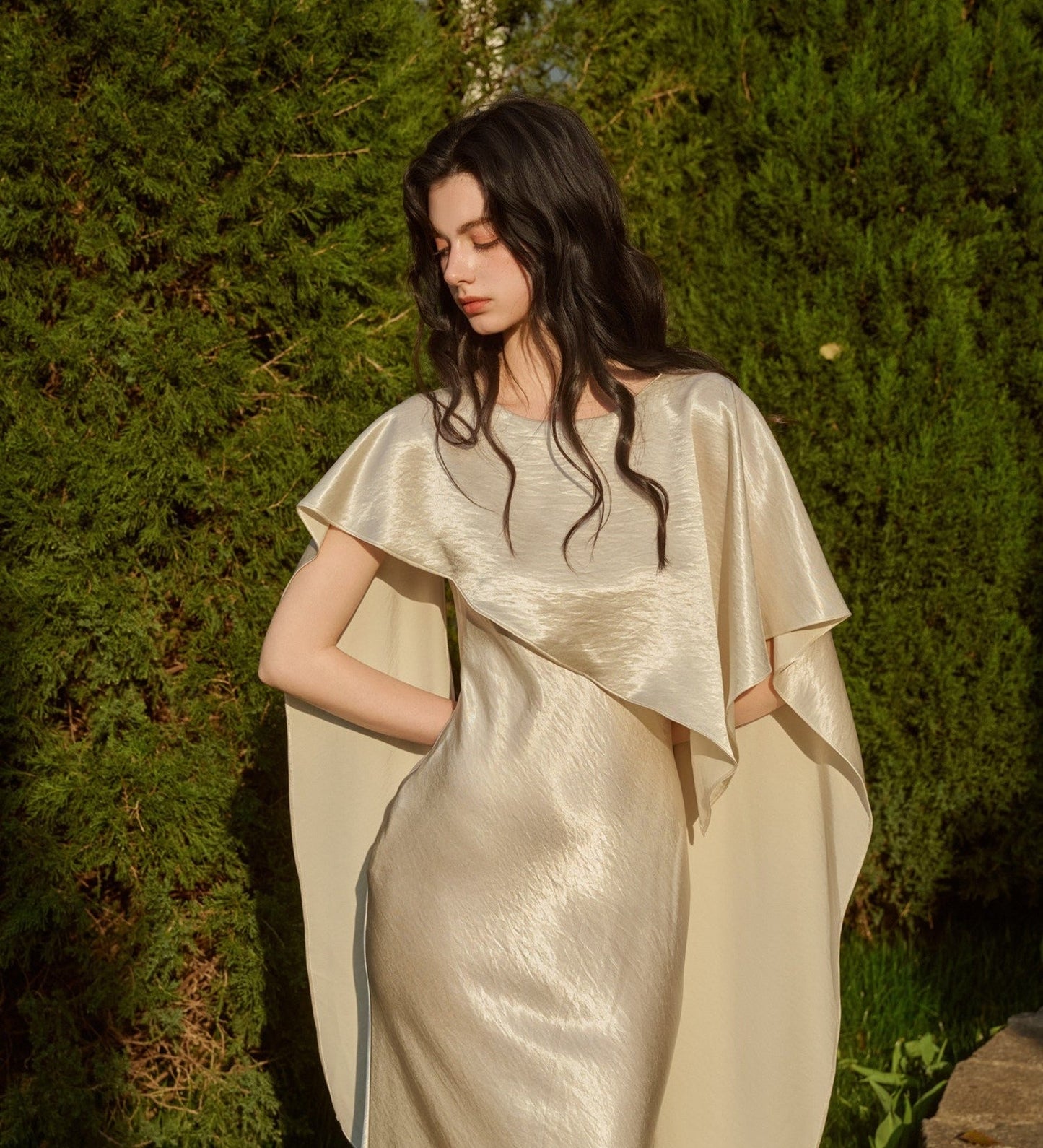 Acetate Satin Dress - Asymmetrical Scarf Collar