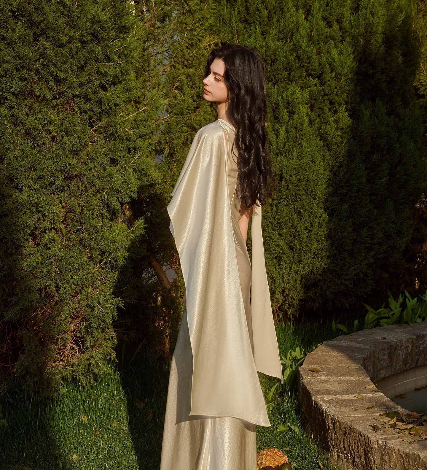 Acetate Satin Dress - Asymmetrical Scarf Collar