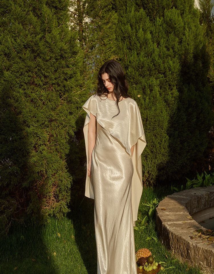 Acetate Satin Dress - Asymmetrical Scarf Collar