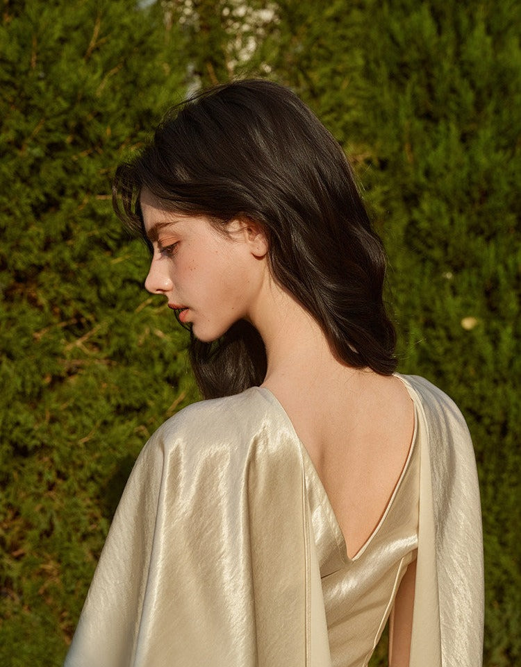 Acetate Satin Dress - Asymmetrical Scarf Collar