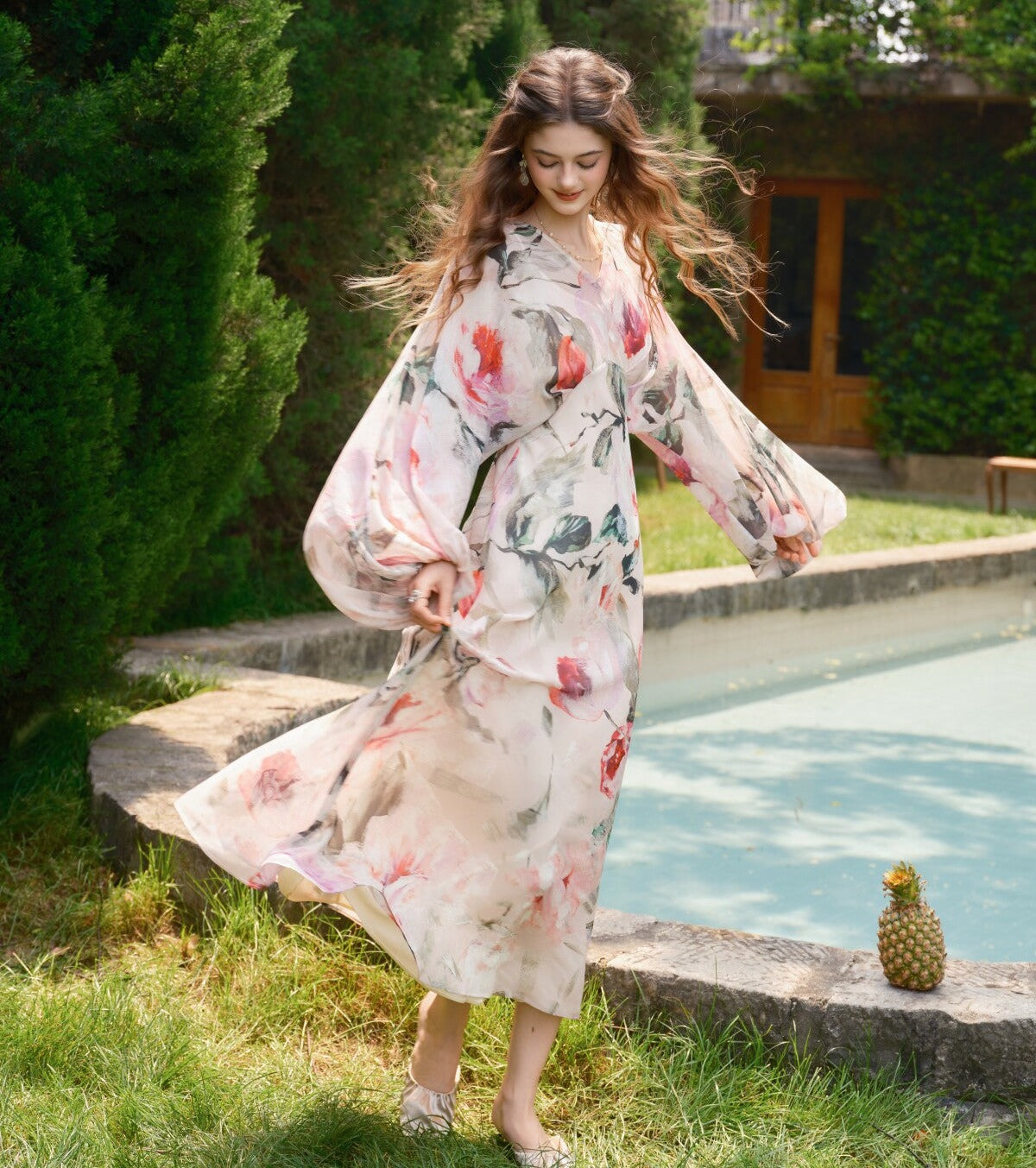 Floral Viscose Dress - Elegant Diagonal Cut