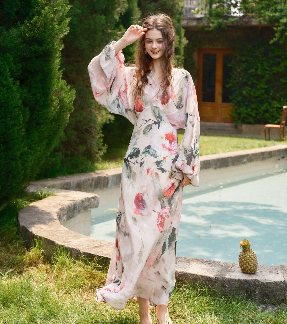 Floral Viscose Dress - Elegant Diagonal Cut