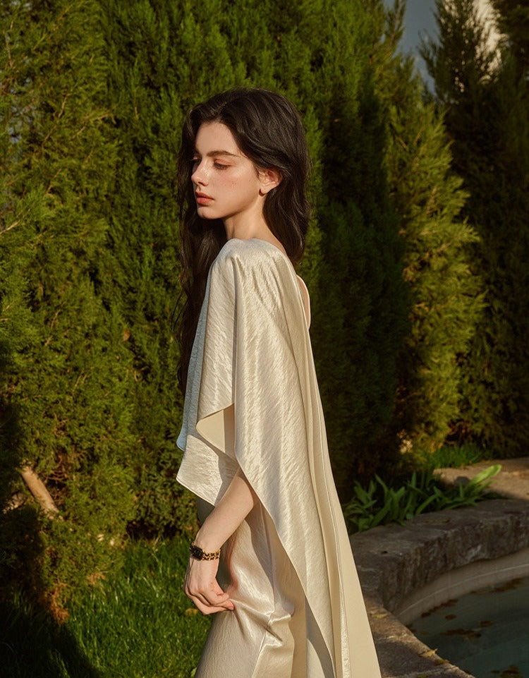 Acetate Satin Dress - Asymmetrical Scarf Collar