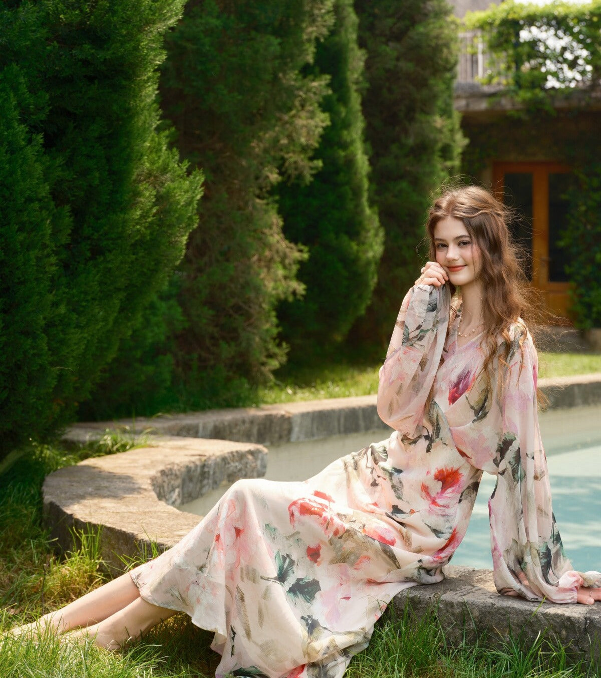 Floral Viscose Dress - Elegant Diagonal Cut