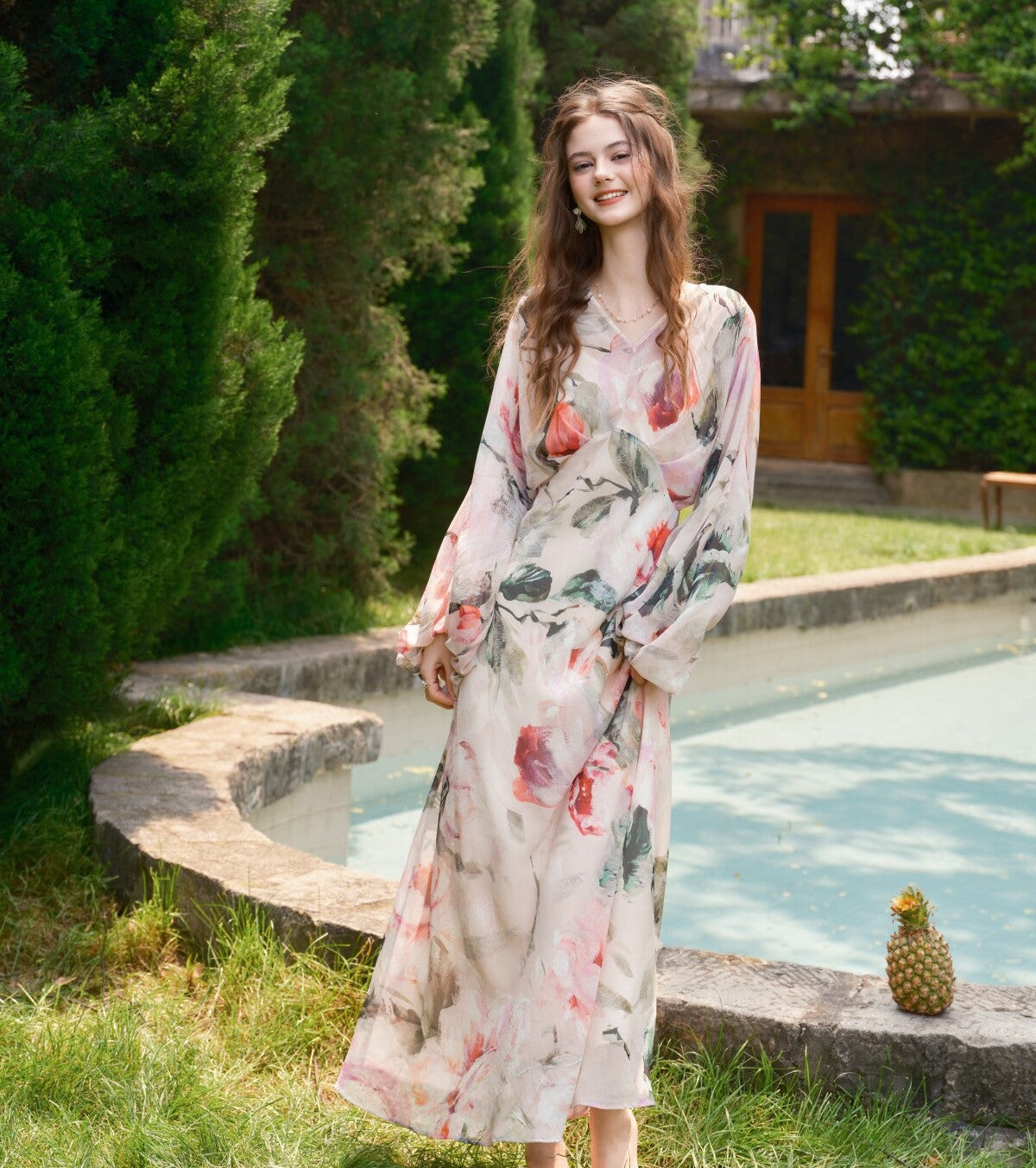 Floral Viscose Dress - Elegant Diagonal Cut