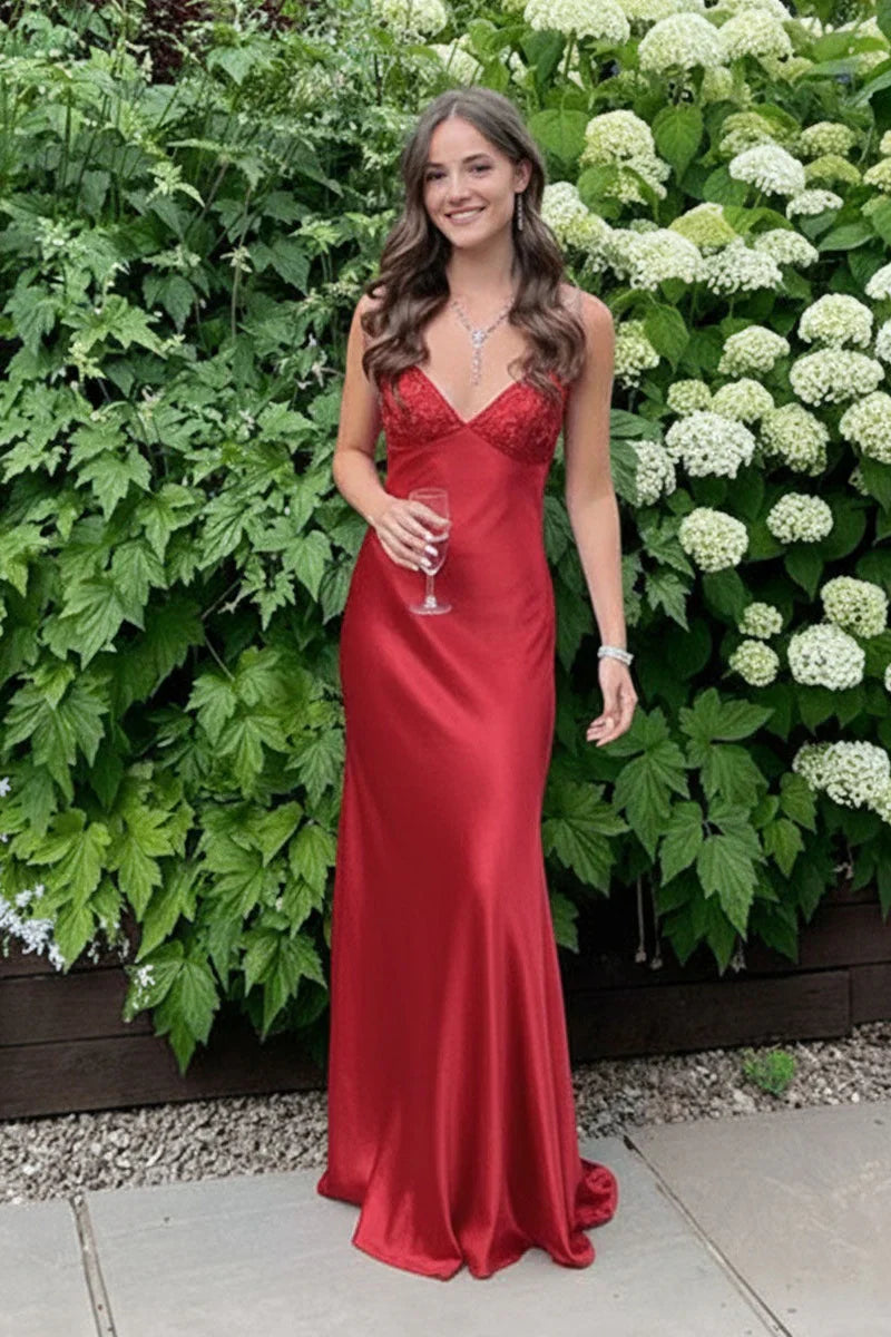 V-Neck Sleeveless Lace Top Floor-Length Party Prom Dress