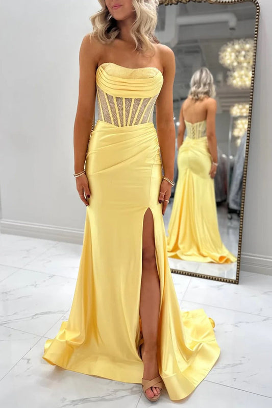 Elegant Yellow Corset Boned Slit Mermaid Prom Dress