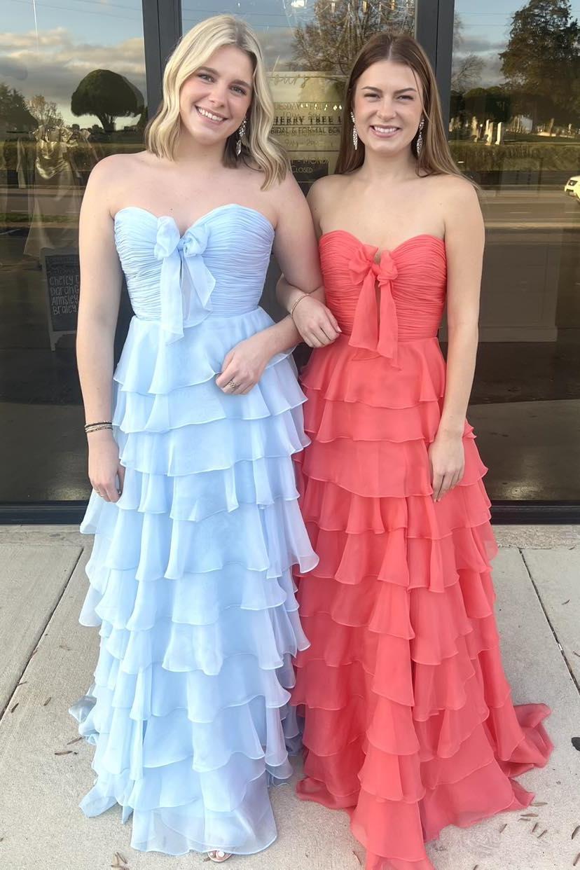 Chiffon A-Line Sweetheart Strapless Tiered Formal Party Dress