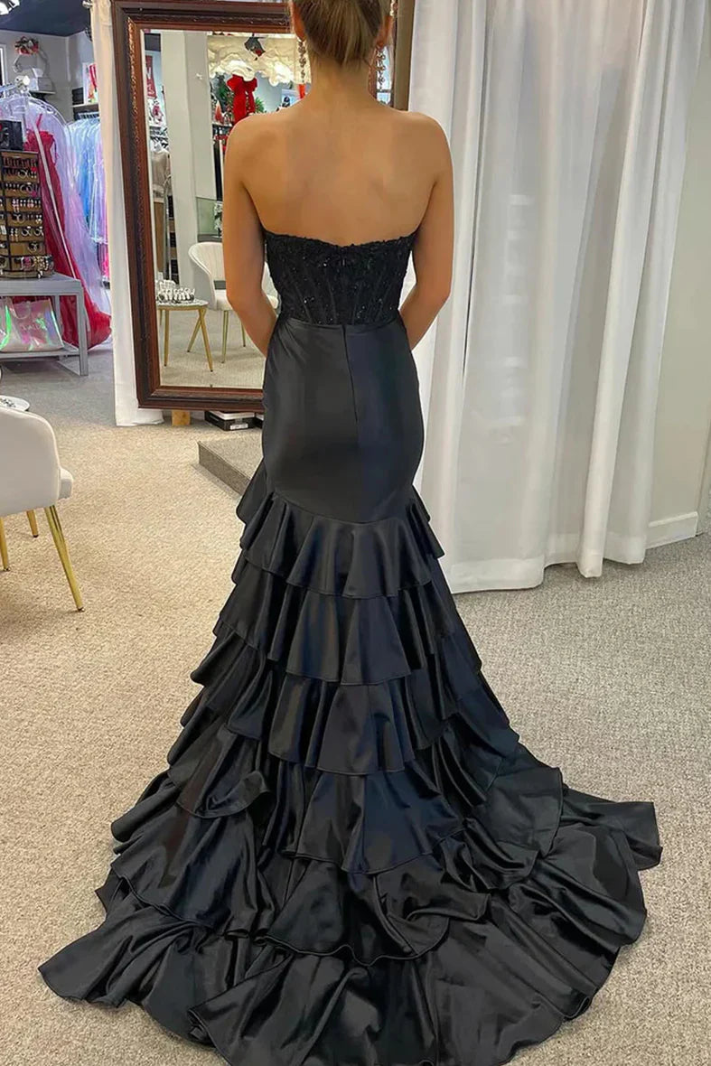 Bateau Strapless Appliques Tiered Formal Party Dress