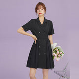 Hepburn-Style Suit Collar Double-Breasted Mesh Panel Dress