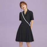 Hepburn-Style Suit Collar Double-Breasted Mesh Panel Dress