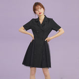 Hepburn-Style Suit Collar Double-Breasted Mesh Panel Dress