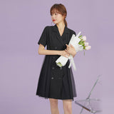 Hepburn-Style Suit Collar Double-Breasted Mesh Panel Dress