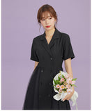 Hepburn-Style Suit Collar Double-Breasted Mesh Panel Dress