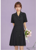 Hepburn-Style Suit Collar Double-Breasted Mesh Panel Dress