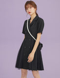 Hepburn-Style Suit Collar Double-Breasted Mesh Panel Dress